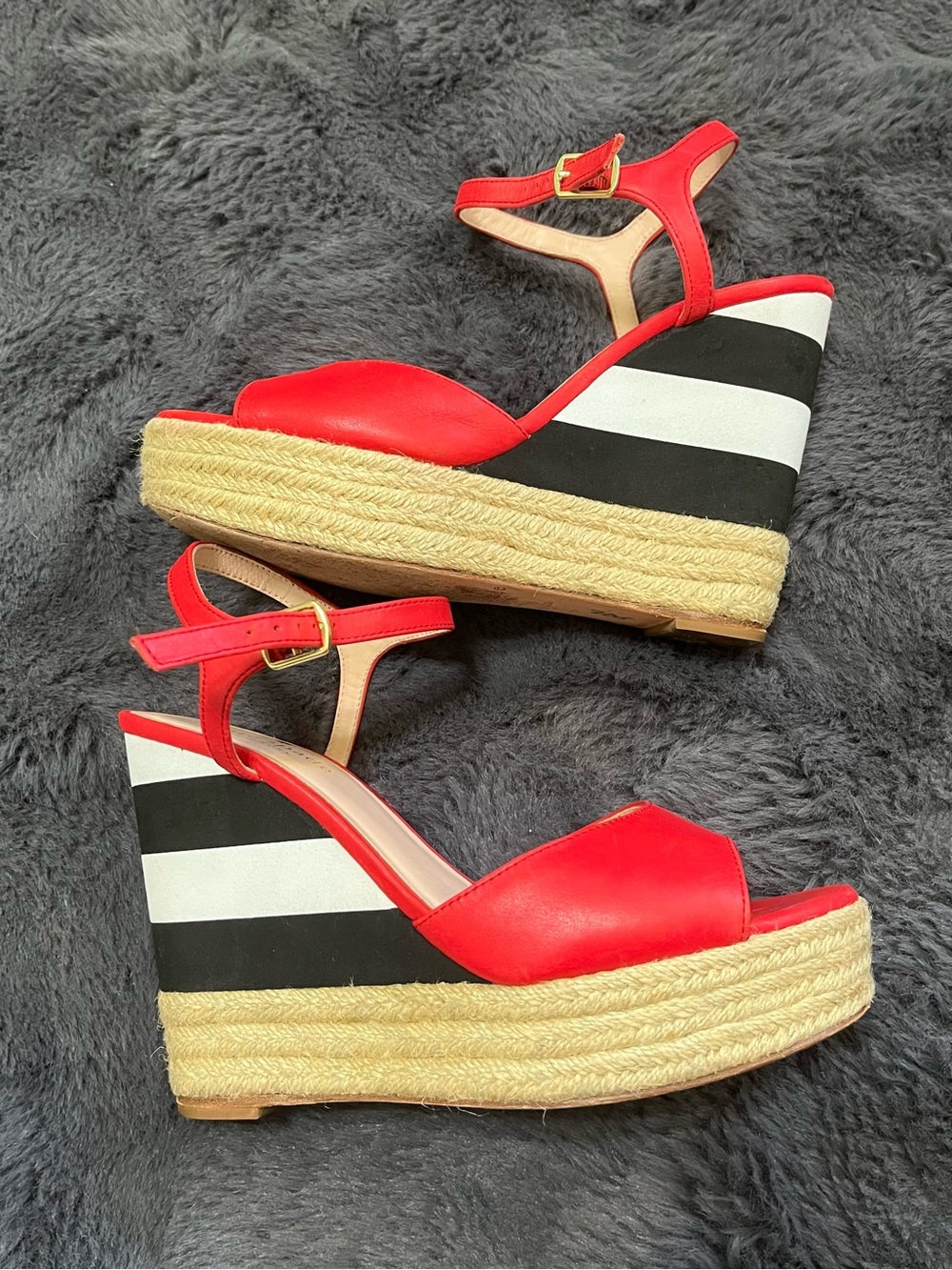 Kate Spade  Red Leather Wedge Sandals with Striped Platform 7.5M - Picture 2 of 14